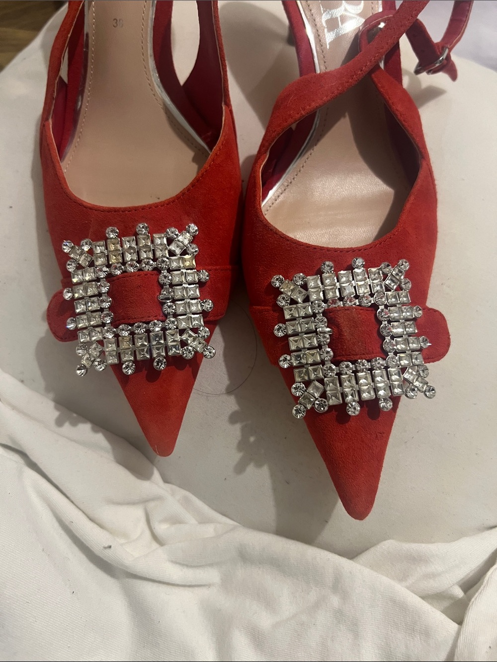 Zara Red Pointed Slingback Heels with Crystal Buckle - Picture 4 of 6